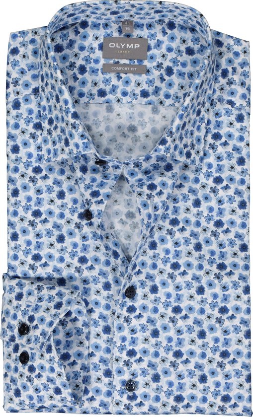 OLYMP comfort fit overhemd - popeline - licht- met donkerblauw en wit dessin - Strijkvrij - Boordmaat: 46