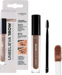 L'Oréal Unbelieva Brow langhoudende wenkbrauwgel 104 châtain, met spuitfles, kwast en applicator.