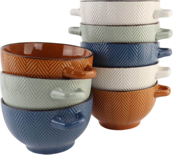 Bols à Soupe avec Oreille OTIX - Set de 8 - Différentes couleurs - Faïence - 680 ml
