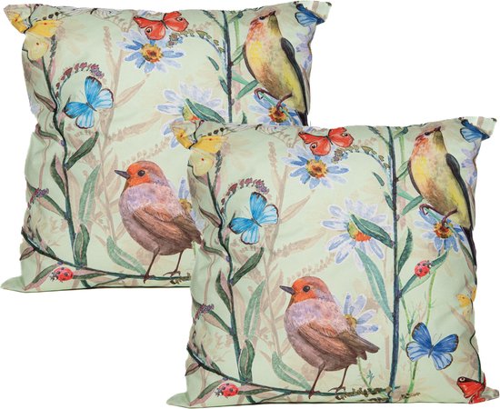 Anna's Collection Sierkussen voor binnen en buiten - 2x - vogels - lichtgroen - 60 x 60 cm - tuinkussen