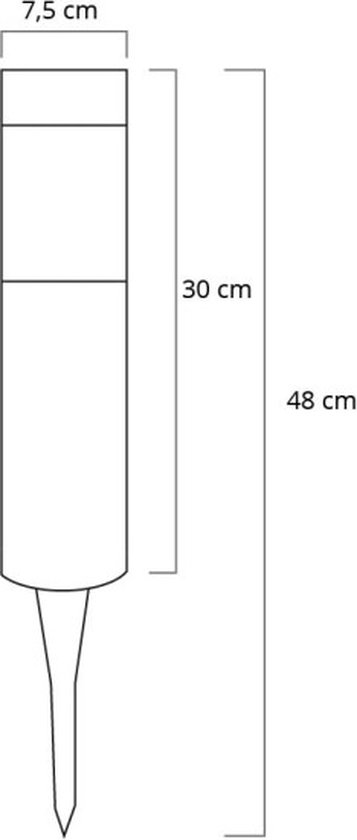 Schematische tekening van een zilverkleurige solar paal met afmetingen.