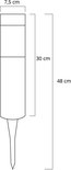 Schematische tekening van een zilverkleurige solar paal met afmetingen.
