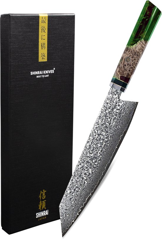 Foto: Shinrai japan japans koksmes 23 cm keukenmes mes special emerald edition met luxe geschenkdoos