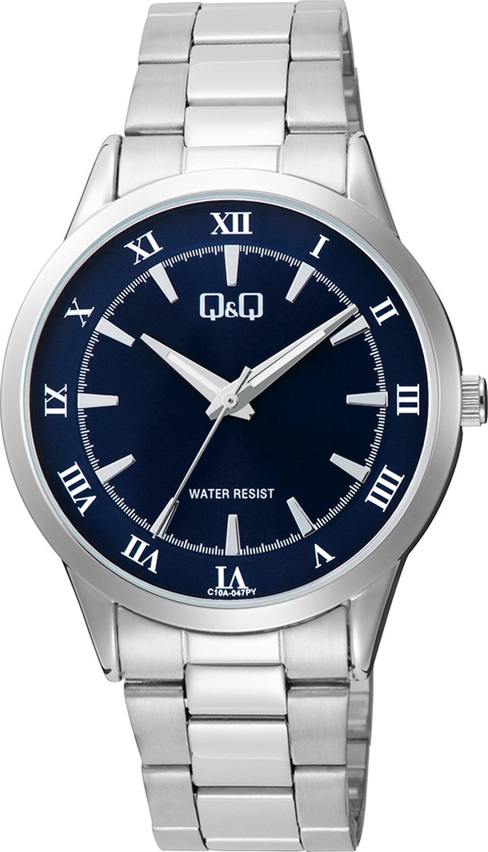 QQ C10A-047PY - Horloge - Analoog - Heren - Mannen - stalen band - Rond - Metaal - Romeinse Cijfers - Zilverkleurig - DonkerBlauw