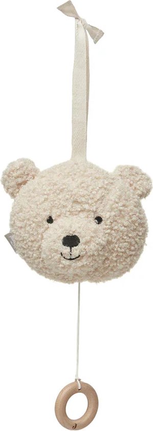 Crèmekleurige teddybeer muziekdoos met houten ring.