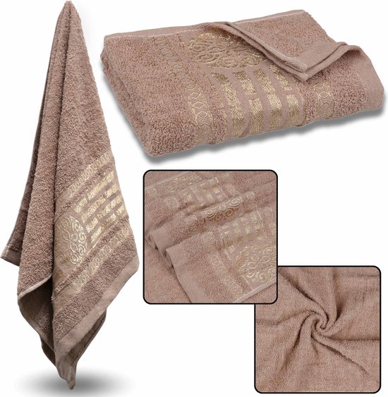 Bruine Katoenen Handdoek met Gouden Borduurwerk, Handdoek 48x100 cm