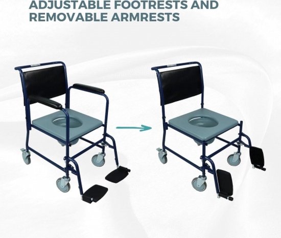 Mobiclinic Barco - WC stoel - Toiletstoel voor volwassenen en Handicap - Verrijdbare - Opvouwbare - Mobiele toiletstoel - Met wieltjes en deksel - Opklapbare voetsteun en afneembare armleuningen - Blauw - mobiclinic