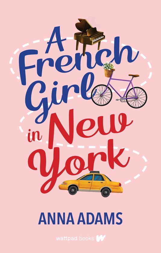 Boekomslag: "A French Girl in New York" met een piano, fiets en gele taxi op een roze achtergrond.