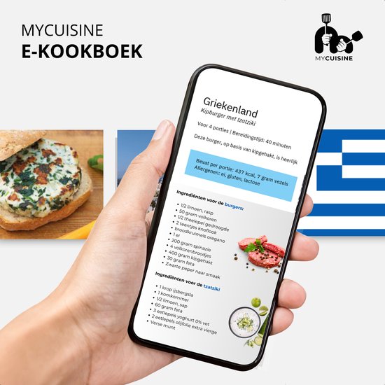 Une main tient un smartphone affichant un livre de cuisine électronique avec une recette de burger au poulet avec tzatziki. Un drapeau grec est en arrière-plan.