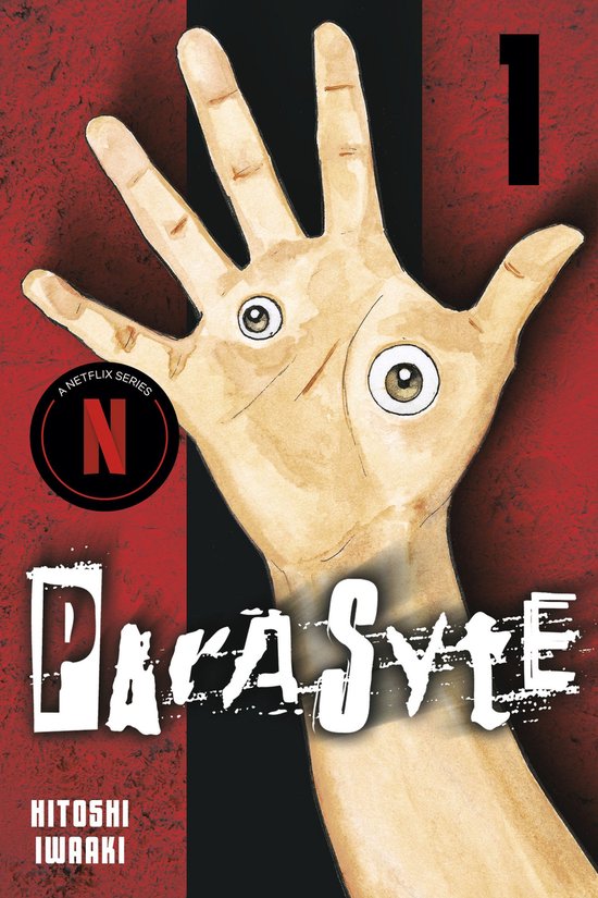 Boekomslag 'Parasyte 1' met een hand met twee ogen op de palm en de titel 'Parasyte' in witte letters.