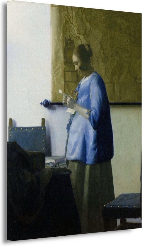 Vrouw in het blauw die een brief leest - Johannes Vermeer schilderij - Vrouw schilderij - Schilderijen canvas Oude meesters - Muurdecoratie industrieel - Canvas keuken - Wanddecoratie slaapkamer 50x70 cm