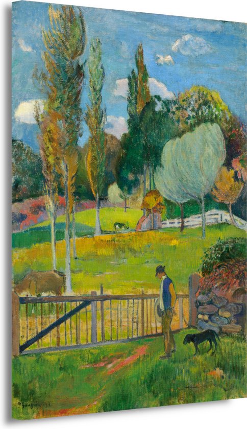 Boer en zijn hond bij een hek - Paul Gauguin schilderijen - Landschap wanddecoratie - Schilderijen canvas Natuur - Klassiek schilderijen - Canvas schilderij - Decoratie slaapkamer 40x60 cm