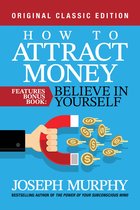 Boekhoes van 'How to Attract Money': Een rode magneet trekt gouden munten aan. Met tekst 'Original Classic Edition' en 'Joseph Murphy'.