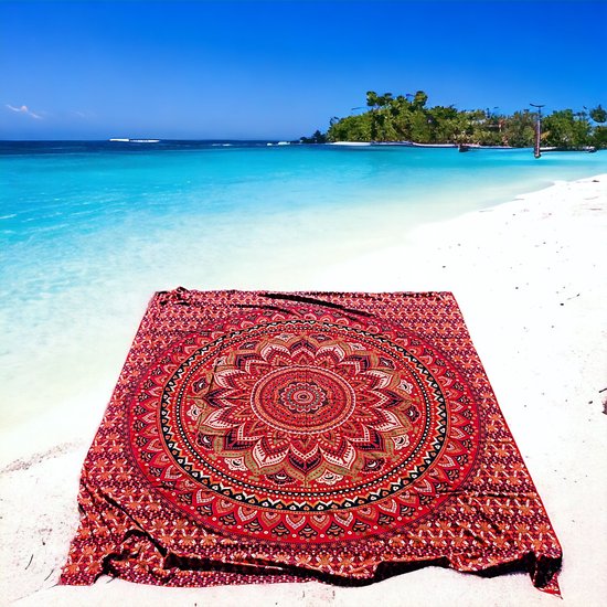 Groot serviette de plage - Couverture de plage 2 personnes - 210x230 - Rouge/vert - Mandala - serviette de plage