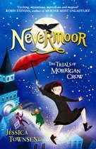 Boekomslag van 'Nevermoor: The Trials of Morrigan Crow' met een meisje dat een rode paraplu vasthoudt, met een kraai boven de titel.