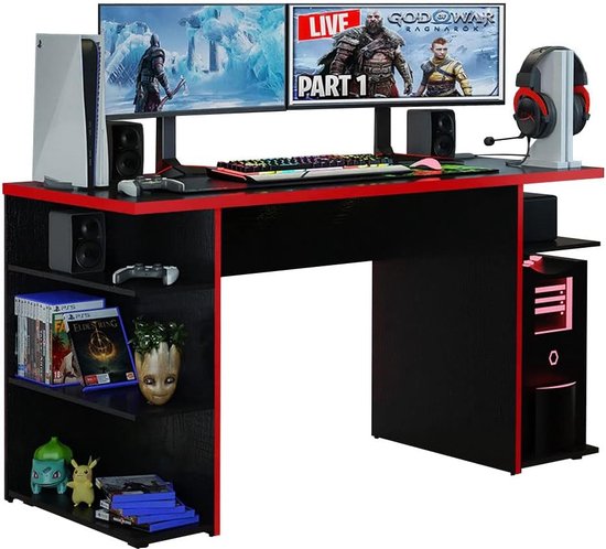 Modern Gaming Bureau met 5 planken en Kabelmanagement - Grote Monitorstandaard - Houten Bureau 136 x 60 x 75 cm - Zwart/Rood