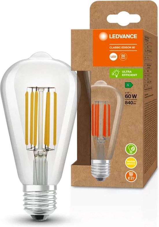 Ledvance Classic LED E27 Edison Filament Helder 4W 840lm - 830 Warm Wit | Vervangt 60W