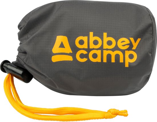 Sac de rangement gris foncé avec logo Abbey Camp jaune et cordon jaune.