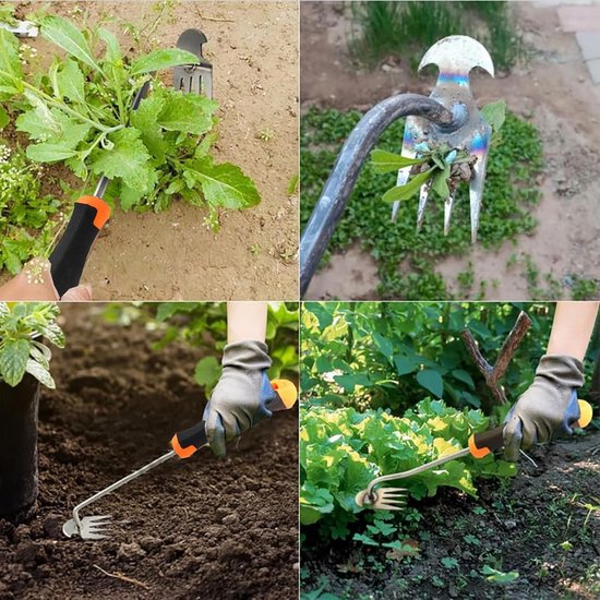 Tuinieren handonkruidsteker, onkruidverwijderaar, onkruidverwijderaar met steel, voegenkrabber met steel, tuinhark, traditionele tuinhark, onkruidjager. — afbeelding 3