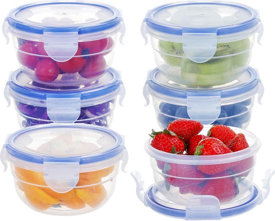 Set van 6 vershouddozen met rond deksel, klein, slakom, meal prep, fruitschaal, ijshouder voor consumptie-ijs, dessertkommen, plastic kom, diepvriesdozen, klein