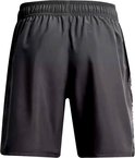 Achterkant van donkergrijze sportbroek met elastische tailleband.