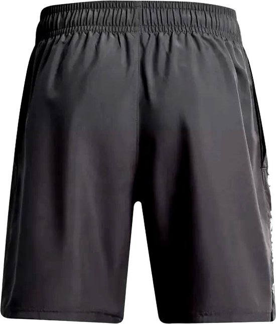 Achterkant van donkergrijze sportbroek met elastische tailleband.