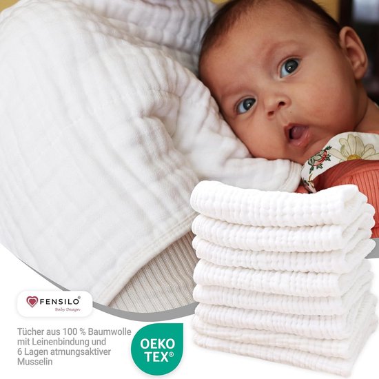 FENSILO - Hydrofiele Luiers - Hydrofiele Doeken - 100% Katoenen mousseline - 35 x 50 cm - 8 pack - Wit -Musseline doeken voor baby's, spuugdoeken voor baby's, 6 lagen, absorberende luiers, stoffen luiers