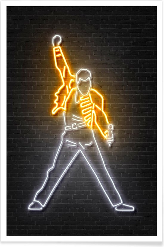 JUNIQE - Poster Neon Freddie Mercury -20x30 /Geel & Wit