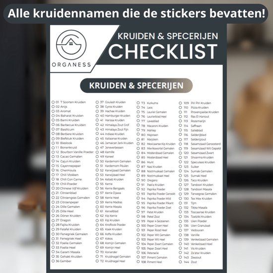 Een checklist met kruidennamen en nummers, met het Organess logo.