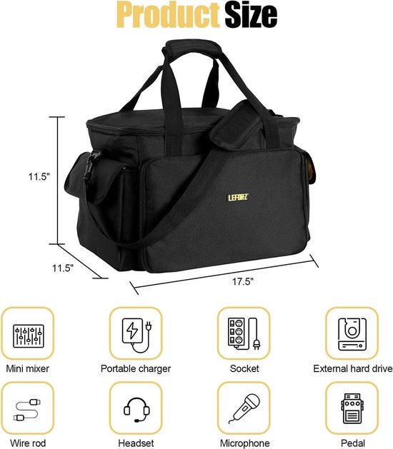 SUNDOY Gig Bag DJ-kabelorganizer, kabeltas met afneembare gevoerde bodem en scheidingswanden, Gig Bag voor DJ-apparatuur, audiokabels en muziekaccessoires, zwart, 45.7 x 31 x 35.6-cm
