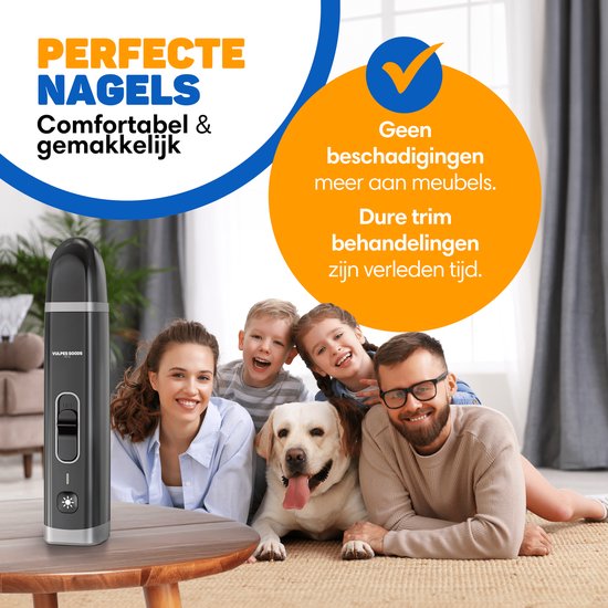 Gezin met hond en nageltrimmer op tafel. Tekst: 'Perfecte nagels, comfortabel en gemakkelijk'. Geen schade aan meubels meer.