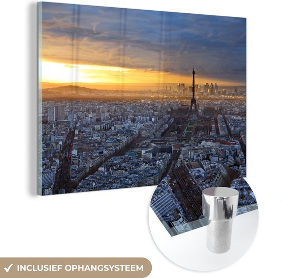 MuchoWow® Glasschilderij 60x40 cm - Schilderij acrylglas - Parijs - Skyline - Zon - Foto op glas - Schilderijen