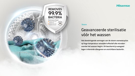 Hisense 3S Serie WF3S8043BW3/BLX - Wasmachine met Energielabel A -30% - 8kg - 72dB (A) - Steam Wash -1400 toeren - Power Wash 49' - ConnectLife - Inhoud Trommel 54 Liter