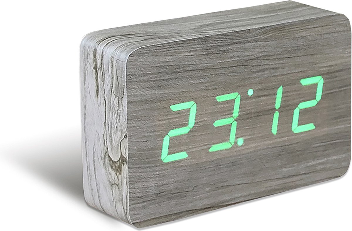 Gingko Brick click clock Wekker - Essenhout/LED Groen