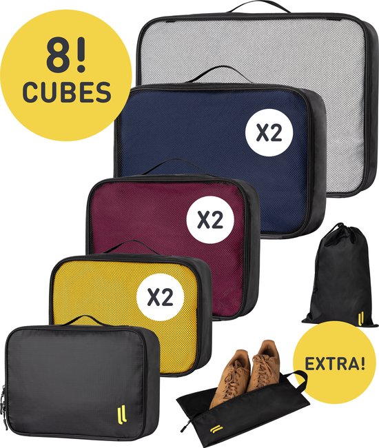 Yellowlegs Packing Cubes – Set van 8 cubes en 2 extra zakken - Zwart - Kleding organizer voor koffers, tassen, backpack en trolley's - 10 delige totaal set
