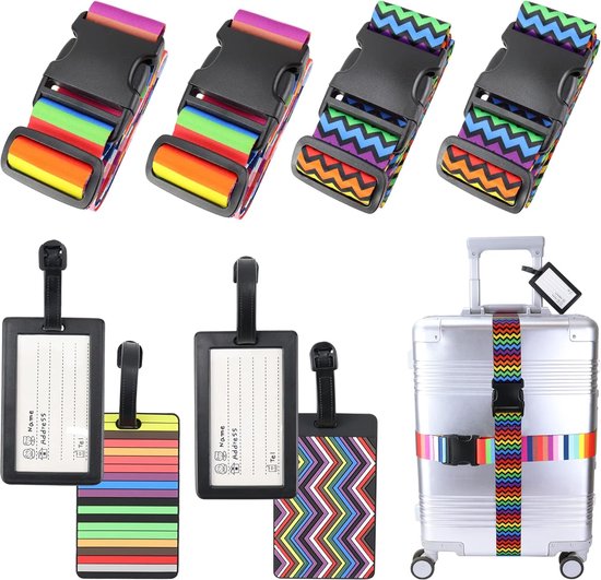 Foto: Kofferriemen met 4 bagagelabels kleurrijke bagageriem reisaccessoires verstelbare multifunctionele bagageriem voor koffer riem kofferriemen regenboog golf