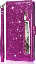 Glitter Bookcase Hoesje Geschikt voor: Samsung Galaxy S22 Ultra met rits - hoesje - portemonneehoesje - Paars - ZT Accessoires