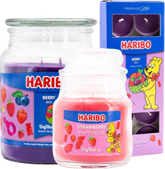 Haribo kaarsen set 3 - 1x groot Berry 1x klein aardbei 1x theelicht berry