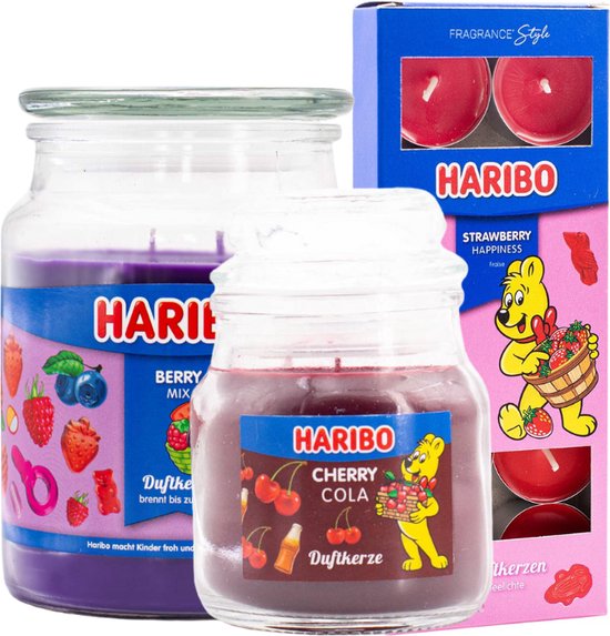 Haribo kaarsen set 3 - 1x groot Berry 1x klein cola 1x theelicht aardbei