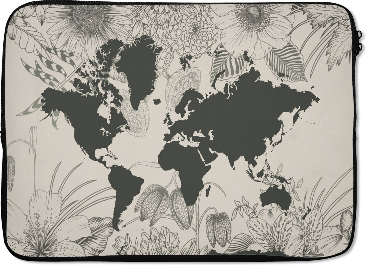 Laptophoes 14 inch - Wereldkaart - Bloemen - Grijs - Laptop sleeve - Binnenmaat 33x23 cm - Zwarte achterkant
