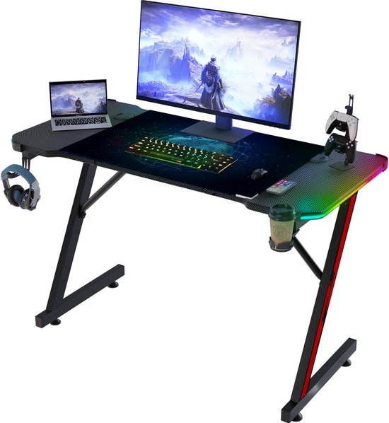 YUENFONG 120 x 60 cm, gaming table, gaming desk, PC table with carbon fibre surface, computer table incl. headphone hook and cup holder, black with LED