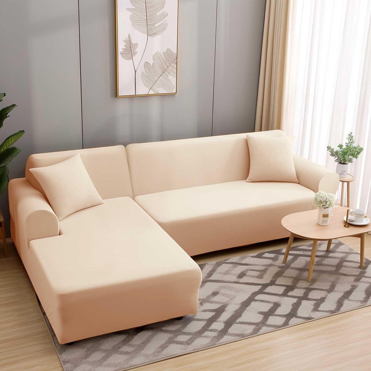 Bankhoes Hoekbank L-vorm Stretch Bankhoes Universele bankhoes voor 1/2/3/4-zits - 4-zits, Beige (L-vormige hoekbank vereist twee)