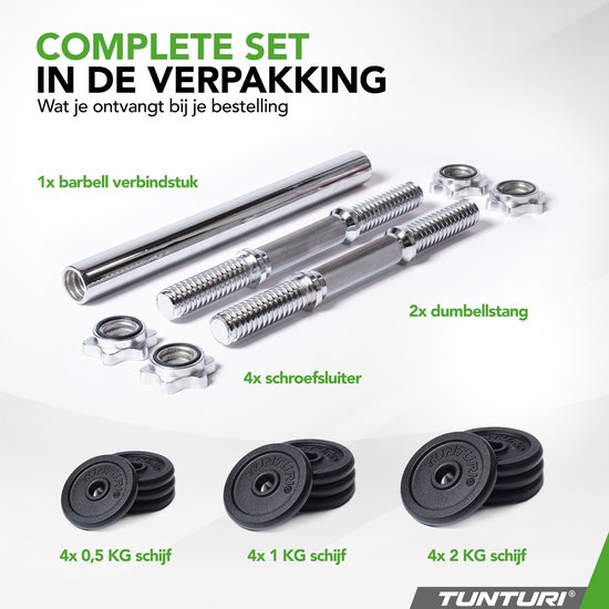 Tunturi Halter et haltères en fonte - Set d'haltères 20 kg - Haltères avec poids - Set Barbell - Fermeture à vis 30 mm - Poignée antidérapante