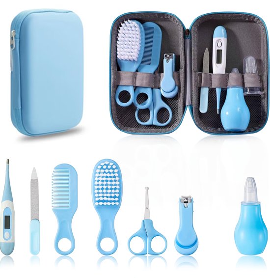 Foto: 9 delige baby verzorgingsset professioneel blauw baby borstel baby verzorgingsproducten nagelset manicure set kraam cadeau incl opberg reisdoosje