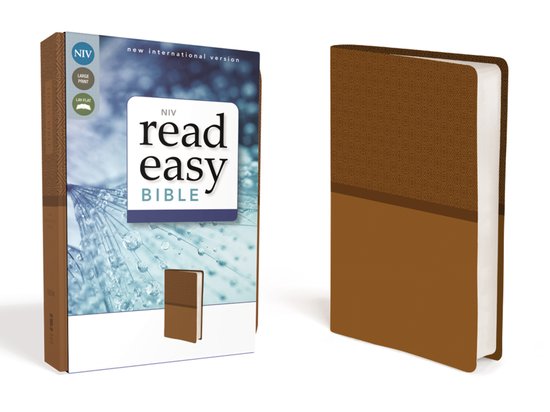 NIV Read Easy Bible, met een bruine omslag met reliëf. Inclusief de verpakking met waterdruppels en de tekst 'new international version'.