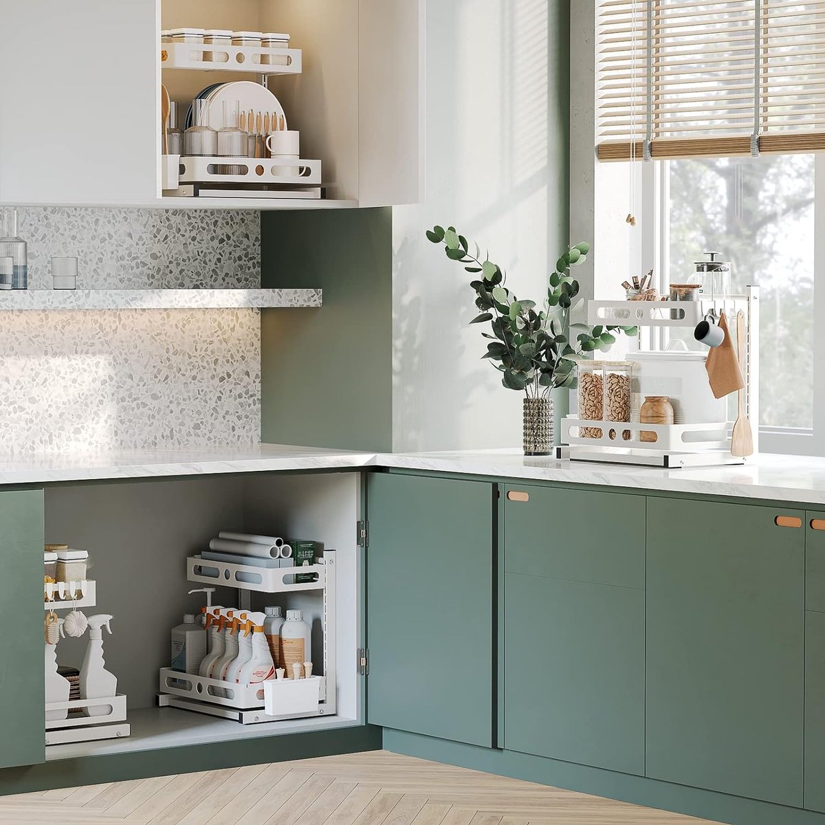 SKYSER Onder de gootsteen plank keuken organizer 2-laags lade met 4 haken, 8 antislip pads en 1 hangende bekeropslag - hefbare kast (wit SKYSER Onder de gootsteen plank keuken organizer 2-laags lade met 4 haken, 8 antislip pads en 1 hangende bekeropslag - hefbare kast (wit