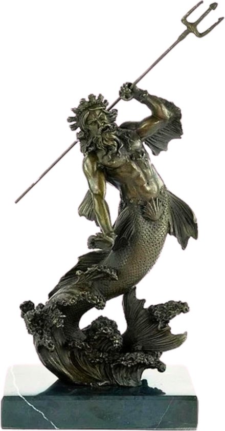 Poseidon - Bronzen Beeld - Neptunus Brons Beeldje - Decoratie Mythologie Sculptuur - Romeinse God - Griekse God - God van het water - Drietand Standbeeld - Gesigneerd en voorzien van Gieterij stempel - 17x12x30