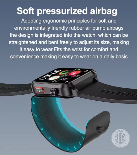 Close-up van een zwarte smartwatch met een blauwe, oplichtende airbagband die om de pols is bevestigd.