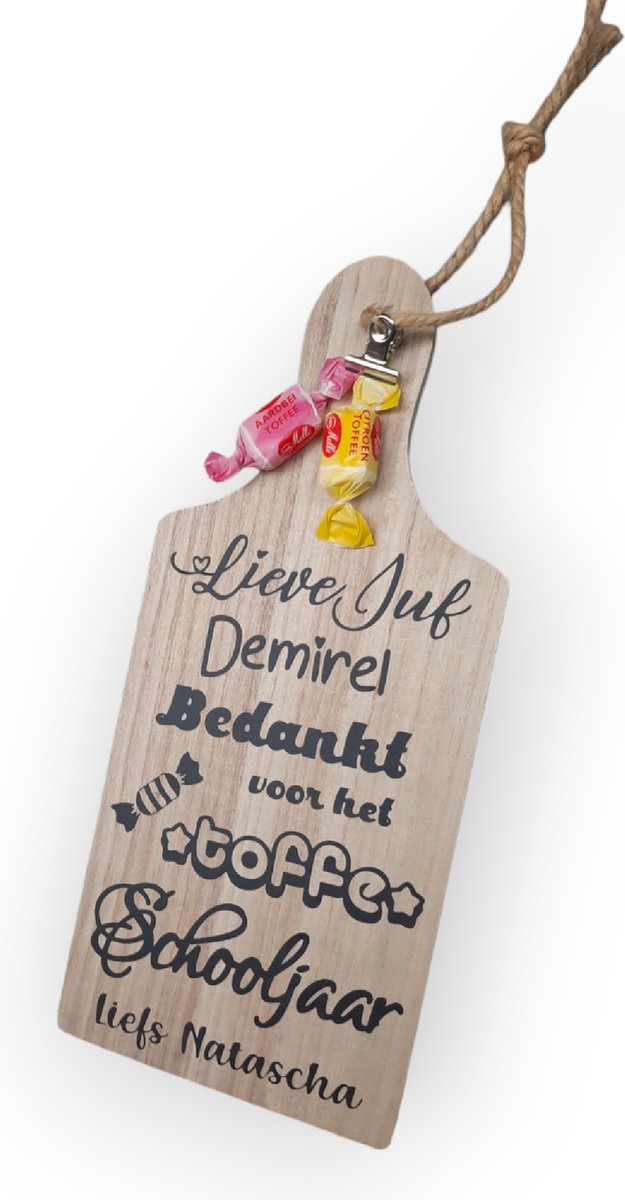 Persoonlijk bedankje cadeautje school meester juf met naam tekstbord snijplank met toffees afscheid