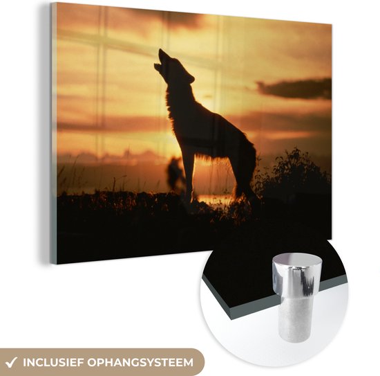 MuchoWow® Glasschilderij 180x120 cm - Schilderij acrylglas - Wolf - Zon - Silhouet - Foto op glas - Schilderijen